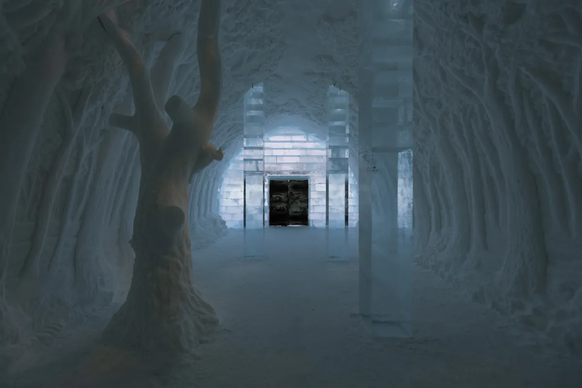 Vaulted hall cut from packed snow with carved openings along both sides