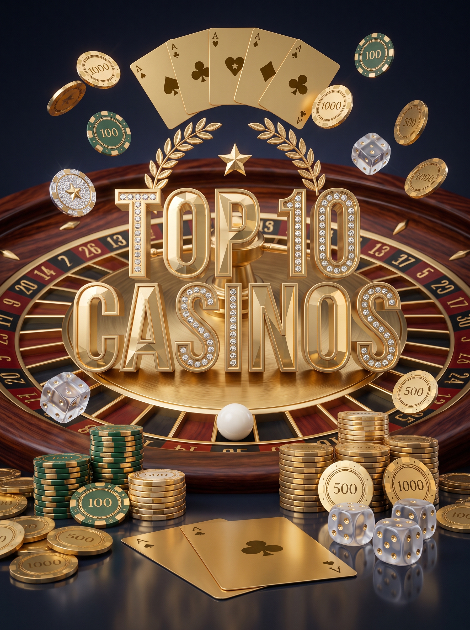 Top 10 casinos — gold lettering with roulette wheel, cards and chips